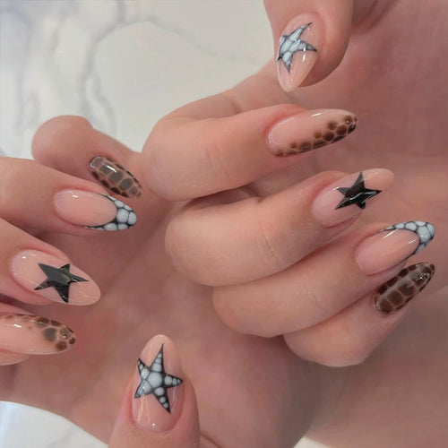 Artistic Press-On Nail Set with Unique Star and Texture Designs Bowlift