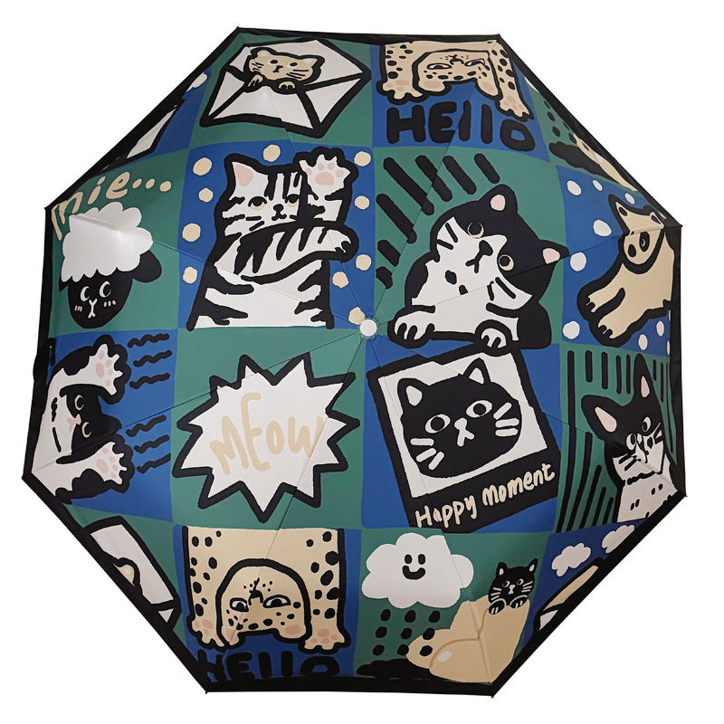 Women's Foldable Umbrella with Playful Cat Pattern Bowlift