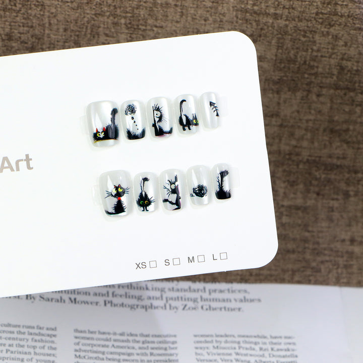 Whimsical Cat-Themed Press-On Nail Art Set Bowlift
