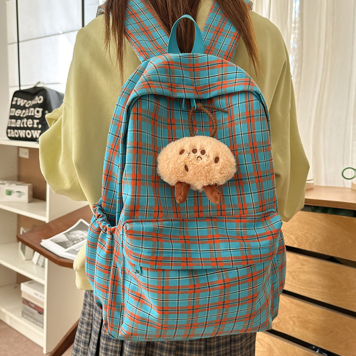Backpack with Practical Check Pattern and Cute Plush Pendant Bowlift
