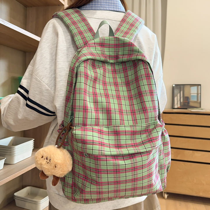 Backpack with Practical Check Pattern and Cute Plush Pendant Bowlift