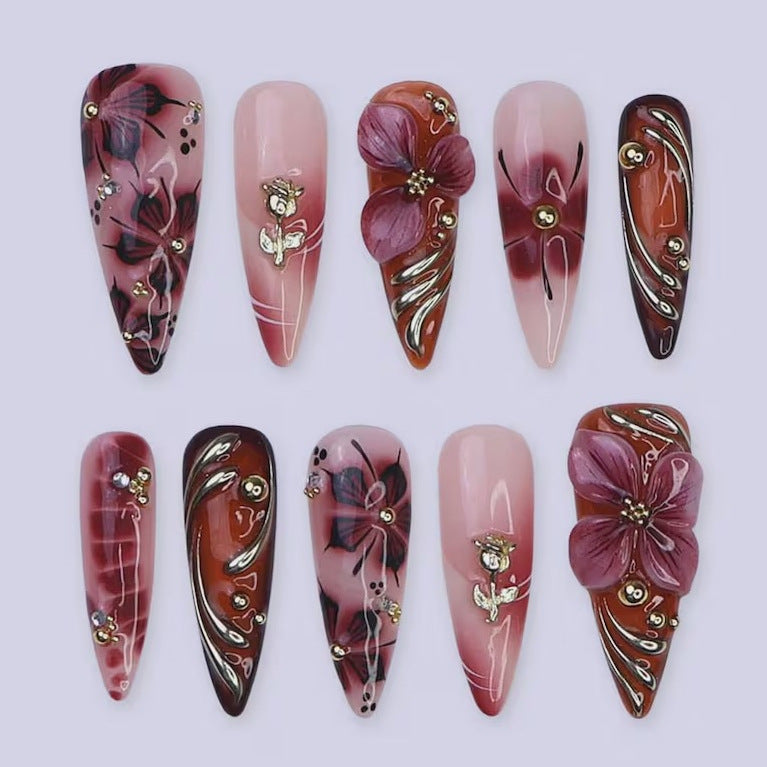 Artistic Floral and Gold Accent Press-On Nails Bowlift