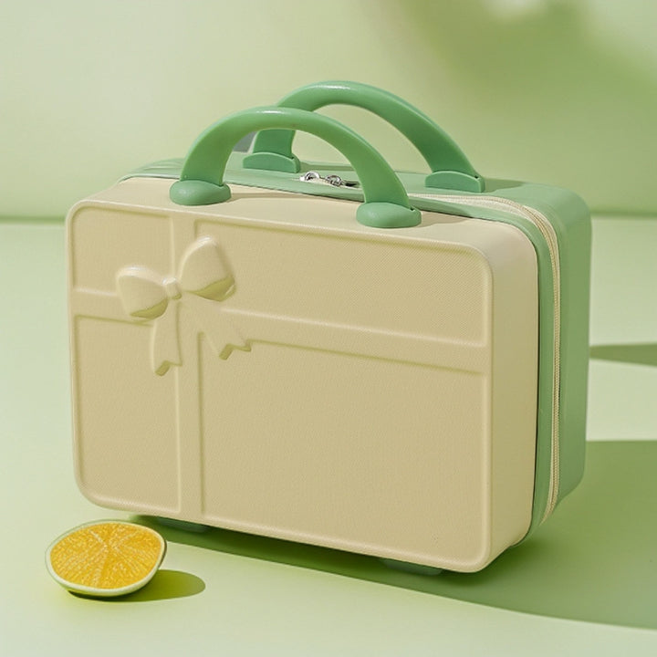 structured hard-shell cosmetic travel case with embossed bow and dual top handles Bowlift