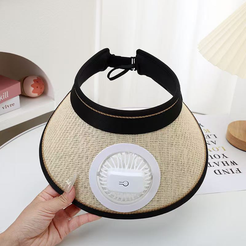 Air-cooled straw hat with detachable battery fan and elastic headband Bowlift