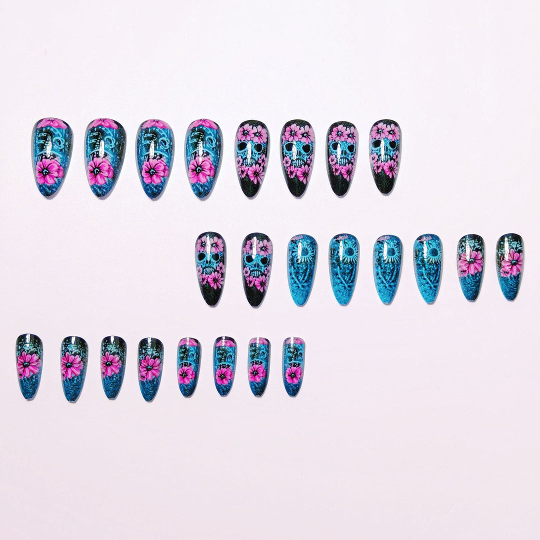 Artificial nails with Lifelike Skull Design and Floral Accents Bowlift