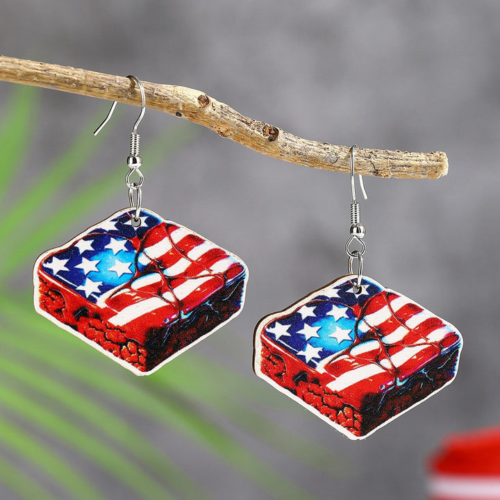 Ladies' lightweight wooden earrings in airplane jet design with patriotic motif and hypoallergenic fish hook Bowlift