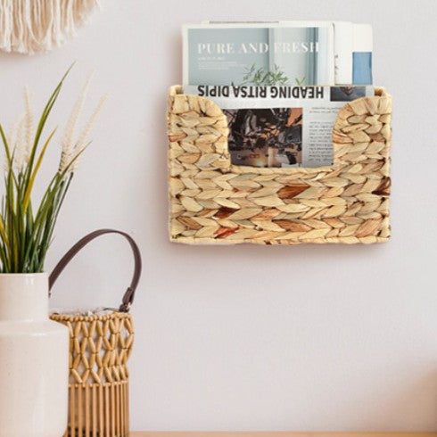 Wall shelf made of untreated wood with rattan inserts Bowlift