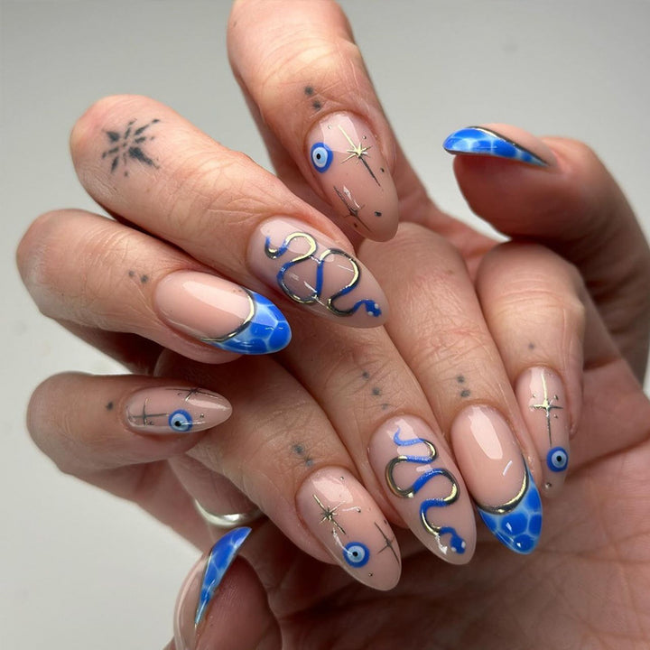 Artistic Stiletto Press-On Nails with Decorative Blue Elements Bowlift