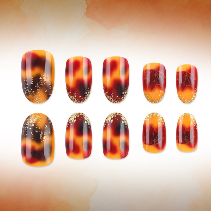 Artistic Press-On Nail Set with Autumn Leaf Design Bowlift