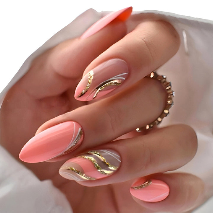 Premium Gel Press-On Nail Set with Elegant Swirls and Shimmering Accents Bowlift