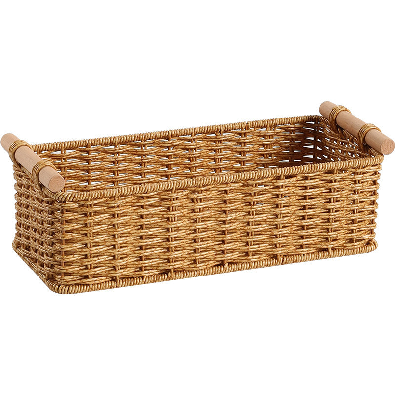 Rectangular Woven Storage Basket with Wooden Handles Bowlift