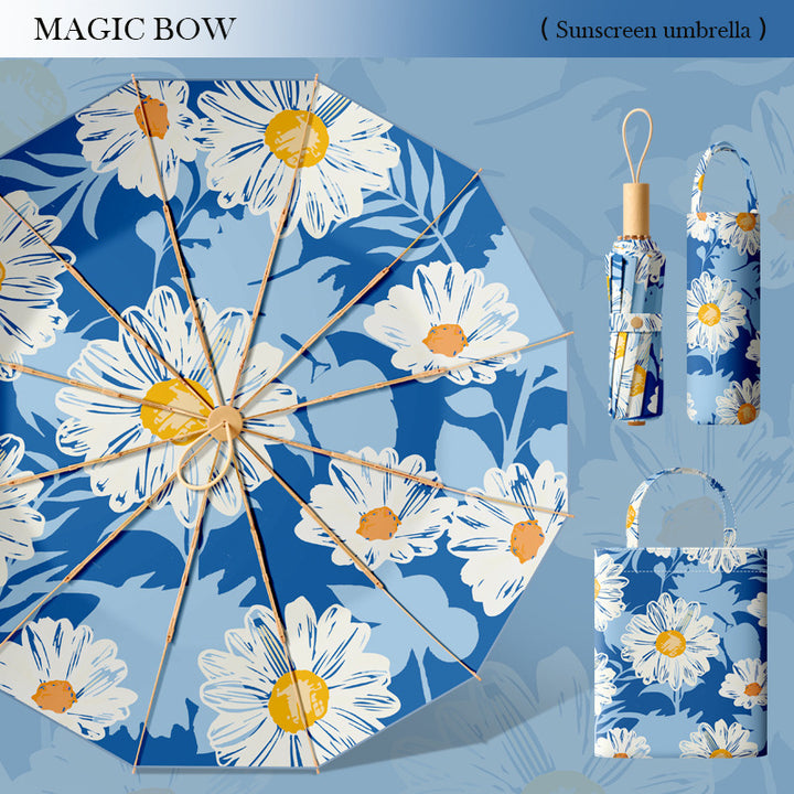 Women's elegant folding parasol with floral accents and practical carrying bag Bowlift