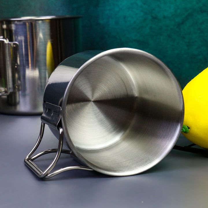 stainless steel nesting camping mug set with fold-flat handles and rolled rims Bowlift