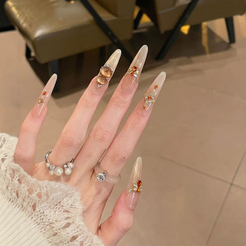 Decorative Stiletto Press-On Nail Set with Gemstone Accents Bowlift 1788224085