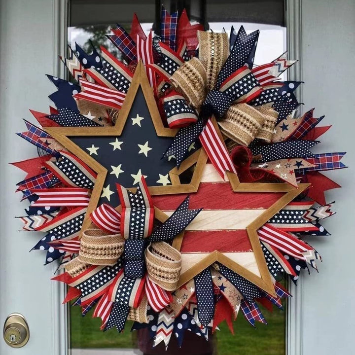 Unisex nan handcrafted Americana medallion wreath with layered deco mesh ribbons star motif bows and rustic sign Bowlift