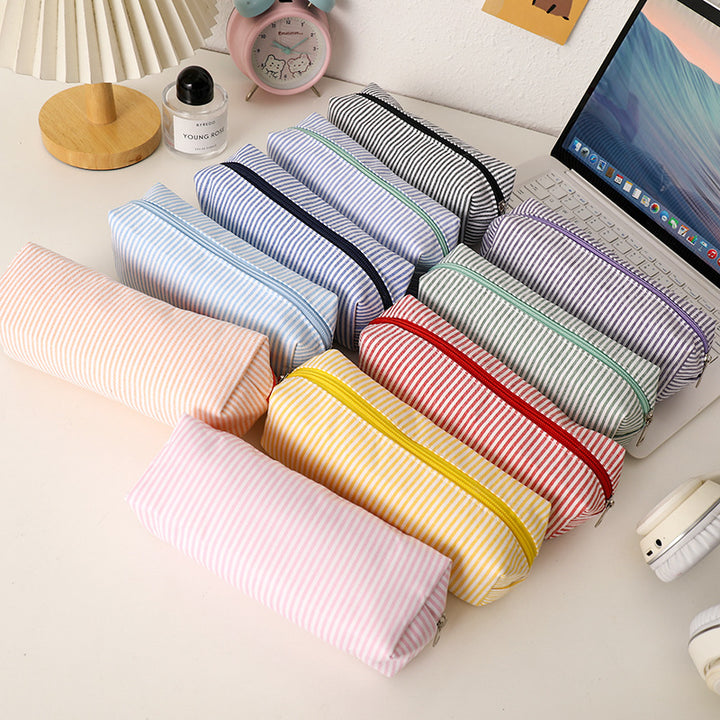 Striped Canvas Pencil Case and Stationery Organizer with Top Zipper Bowlift