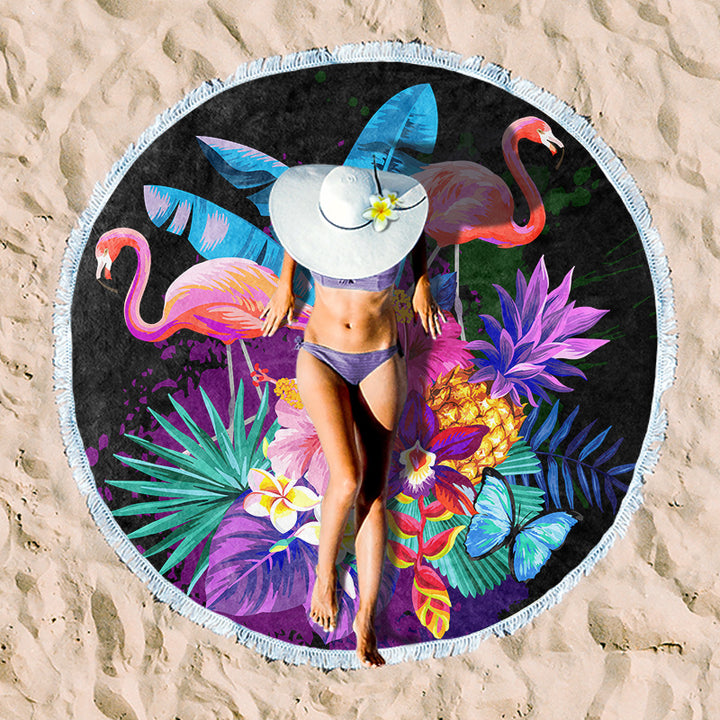 Round beach towel with colorful tropical motif Bowlift
