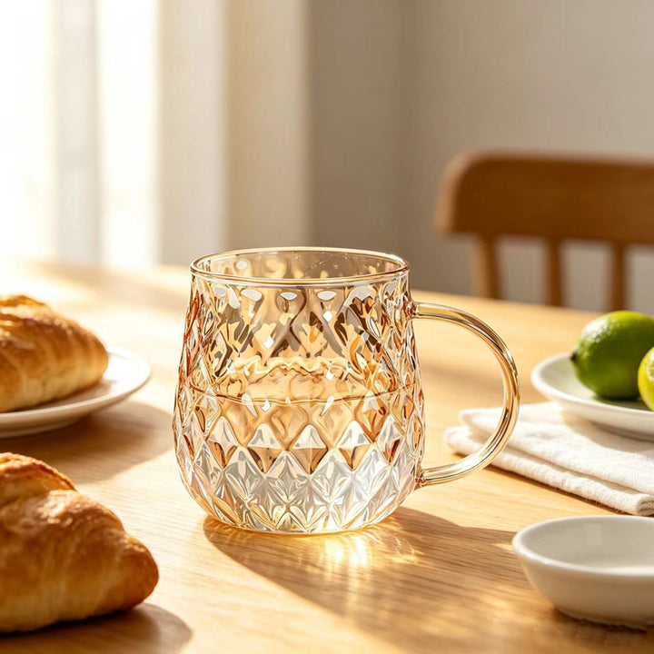 Hand-Blown Diamond-Cut Glass Coffee Mug with Ergonomic Handle Bowlift