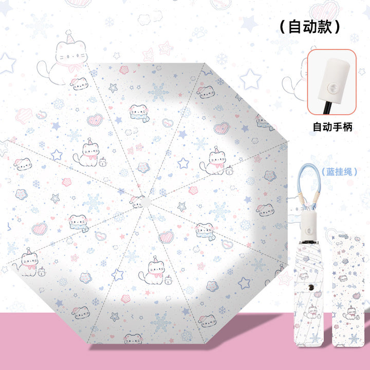 Women's folding umbrella with automatic opening mechanism and playfully themed design Bowlift