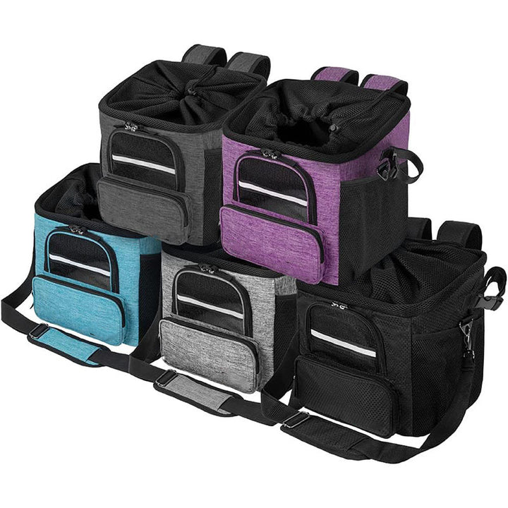 rectangular insulated pet travel tote with drawstring mesh canopy front-access pocket and adjustable padded shoulder strap Bowlift