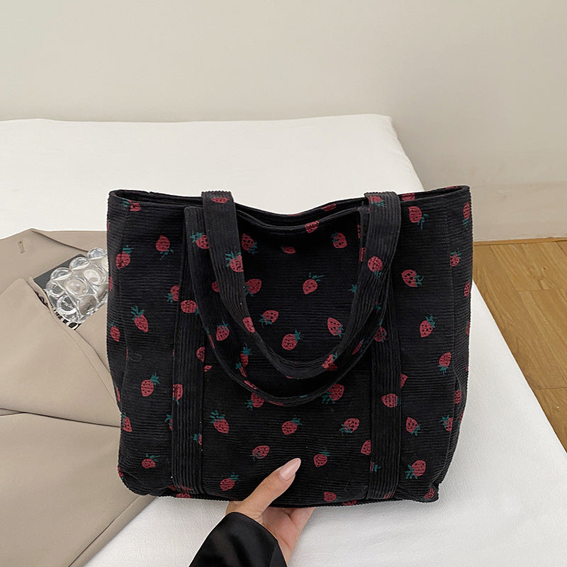 Playful Strawberry Print Corduroy Tote Bag Bowlift