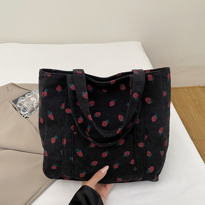 Playful Strawberry Print Corduroy Tote Bag Bowlift