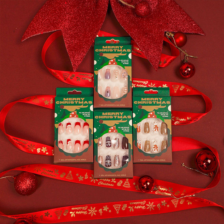 Artificial nail extensions in festive Christmas design Bowlift