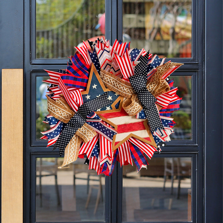 Unisex decorative door wreath in country style with wooden star, ribbons and versatile bands Bowlift