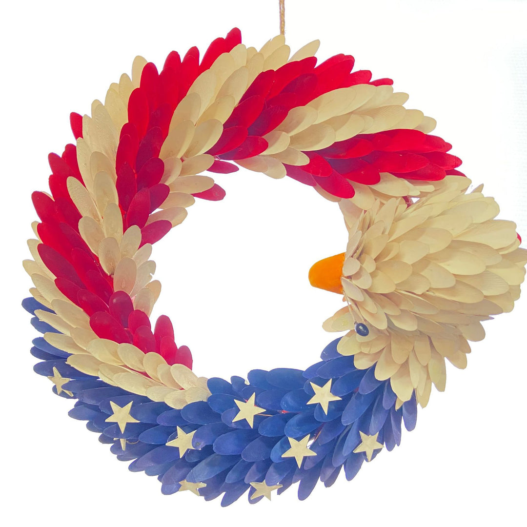 Unisex handmade decorative door wreath with eagle head and star appliqués made of wood Bowlift