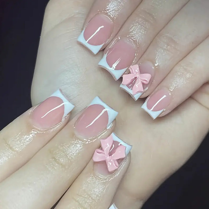 Elegant French Tip Press-On Nails with Bow Detail Bowlift