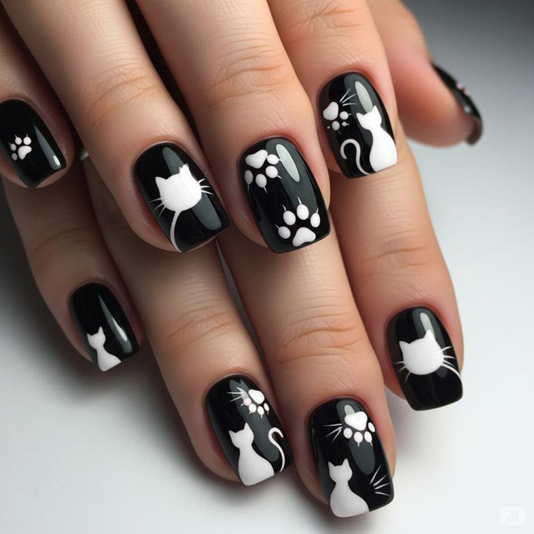 Whimsical Cat-Themed Press-On Nail Art Bowlift