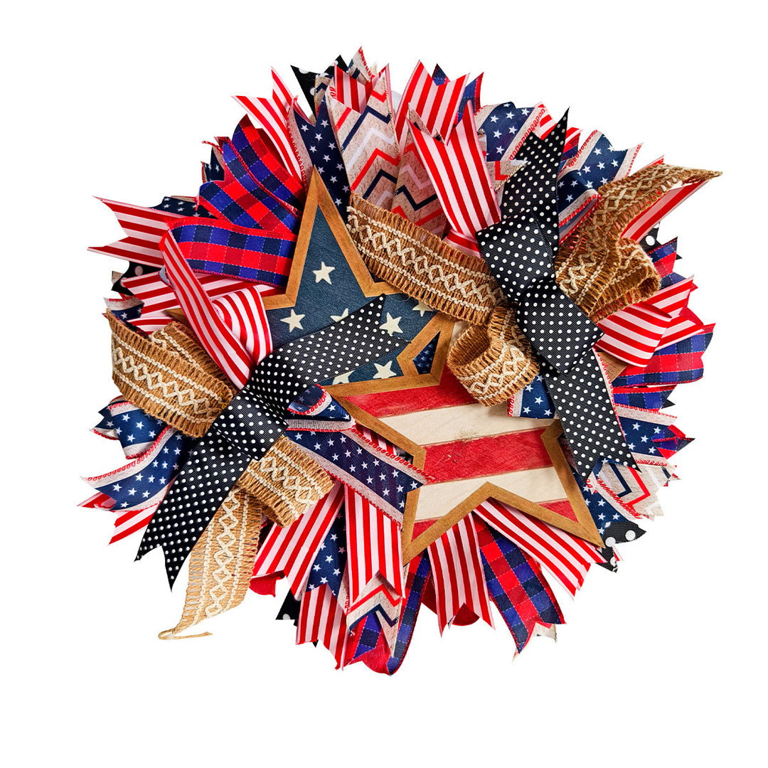 Unisex nan decorative layered Americana star burlap ribbon door wreath with mixed patterned fabric streamers and polka dot bow Bowlift