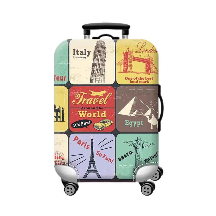 Unisex hard-shell cabin trolley with vintage travel illustration, 360° swivel wheels and telescopic handle Bowlift