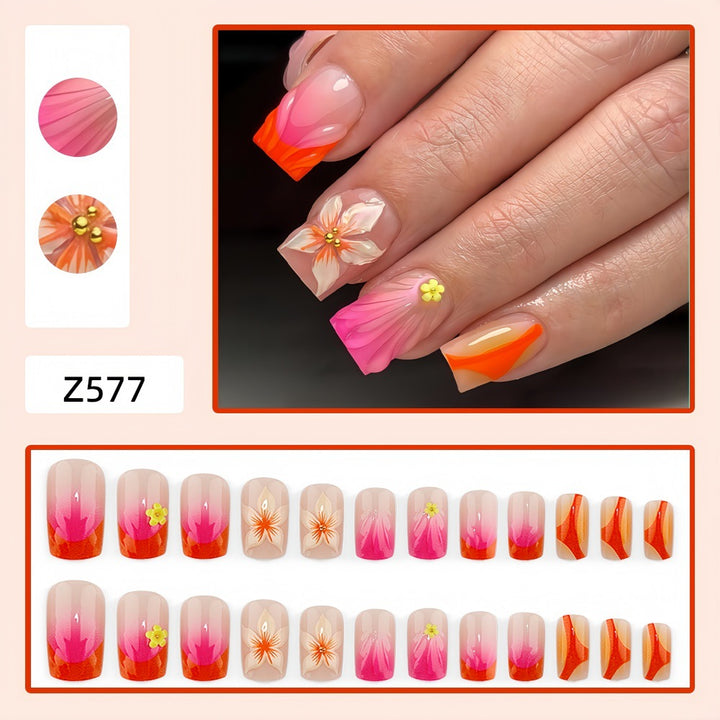 Artificial nails with floral 3D designs and gradient color Bowlift