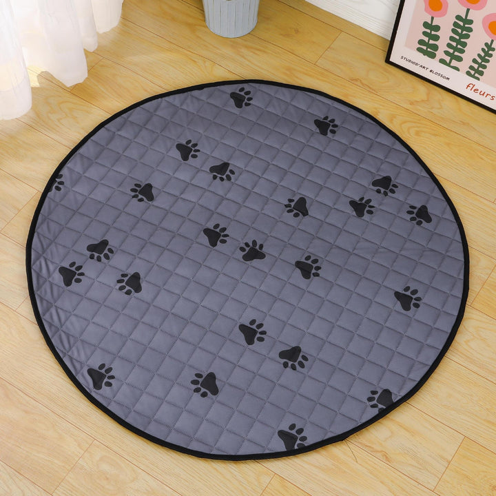 Round Quilted Pet Mat With Paw-Print Non-Slip Underside Bowlift