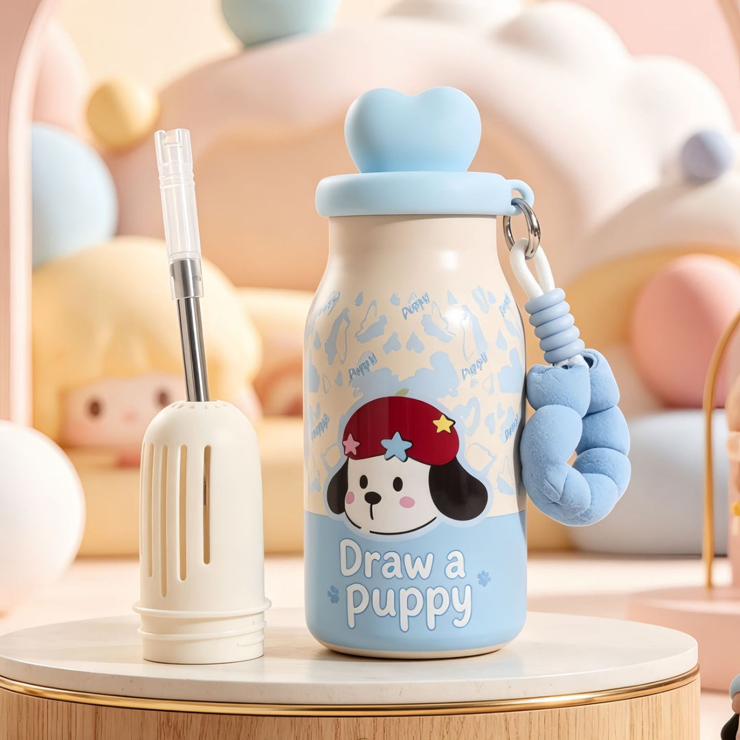 Insulated drinking bottle with sweet dog design and practical carrying strap Bowlift