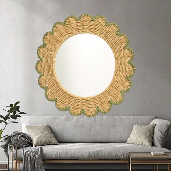 Decorative Round Wall Mirror with Natural Rattan Frame Bowlift