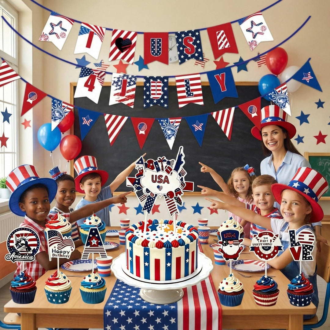 Unisex nan multiple cupcake topper set with patriotic USA motifs made of double-sided printed cardboard and wooden skewers Bowlift