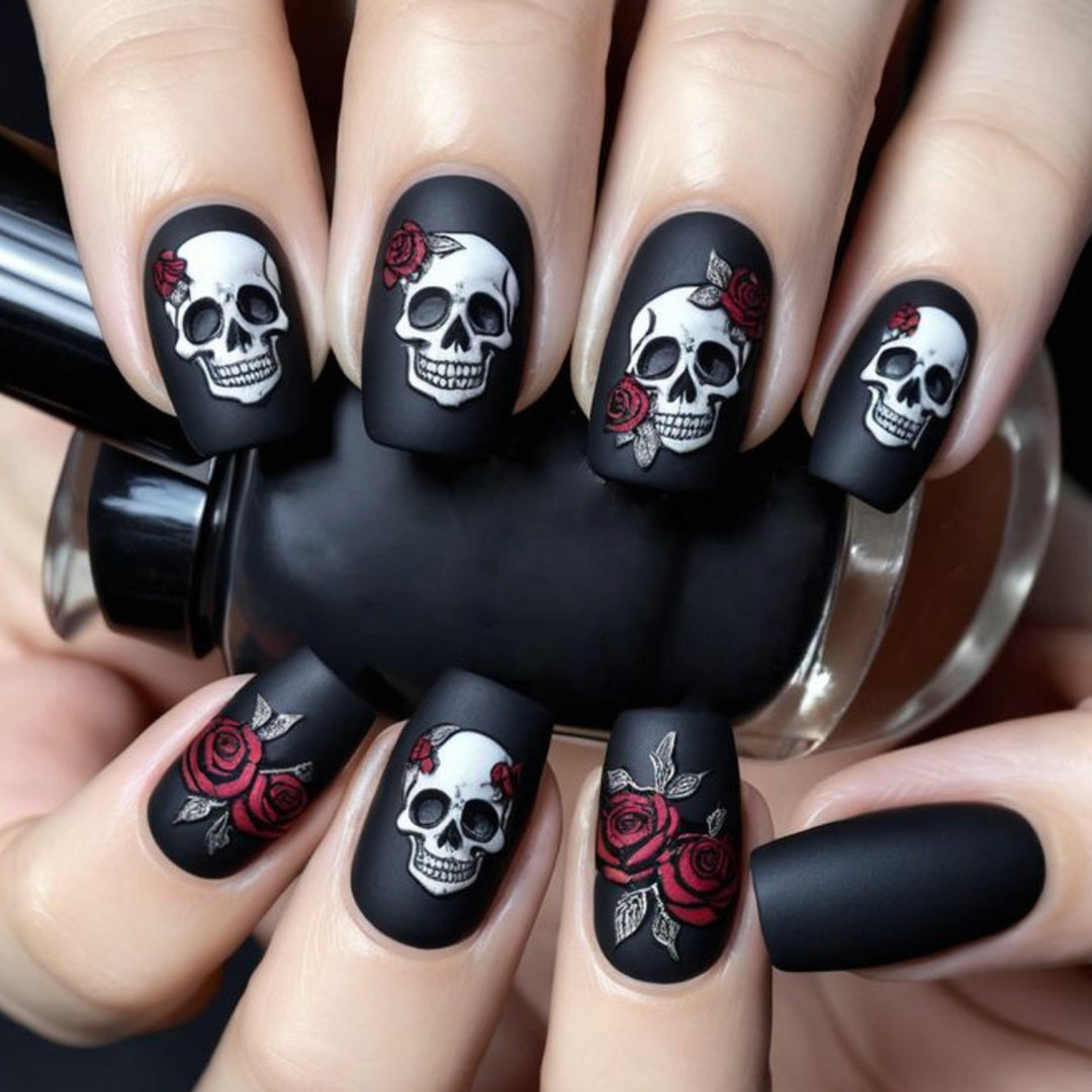 Skull and Rose Acrylic Nail Art Extensions Bowlift