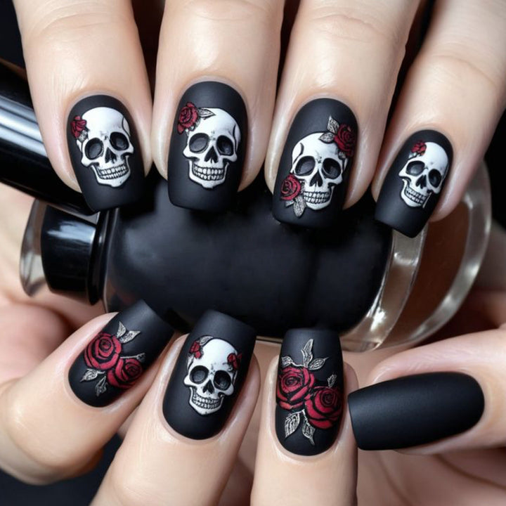 Skull and Rose Acrylic Nail Art Extensions Bowlift