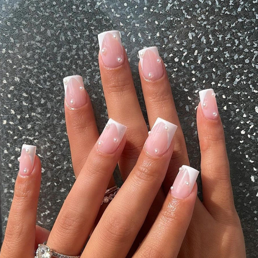 Elegant Faux French Tip Press-On Nails with Pearls Bowlift