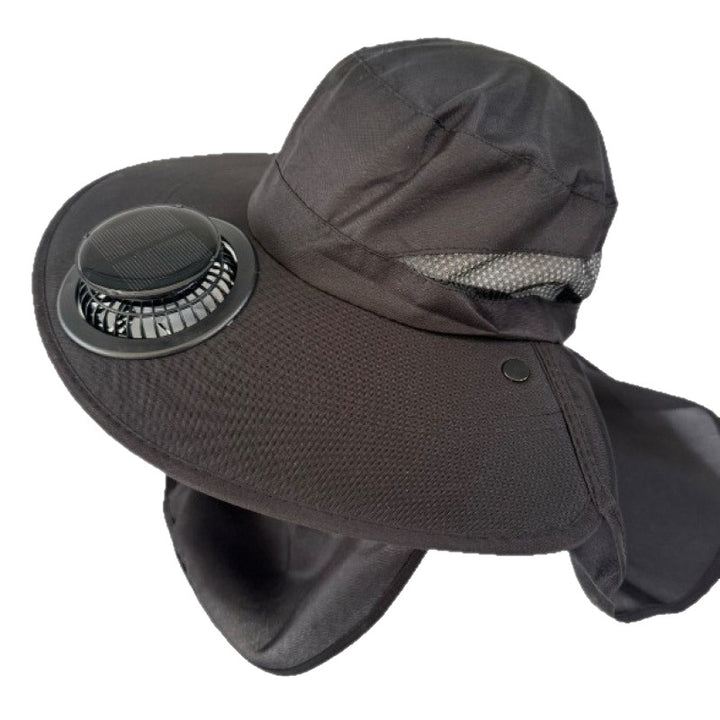 Non-ventilated sun hat with removable fan, neck protection, and adjustable chin strap Bowlift