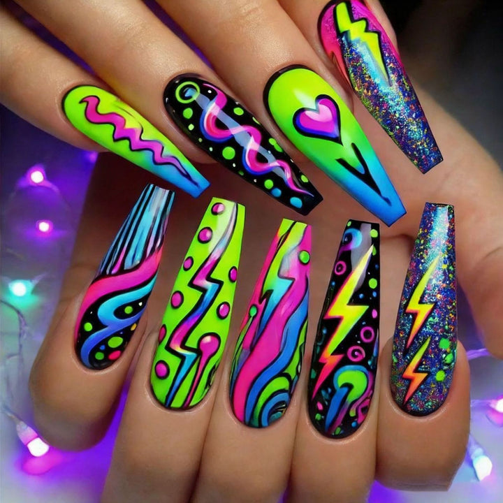 Trendy Artificial Nails In Creative Neon Design Bowlift