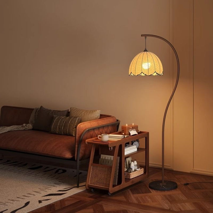 Arc Curved Floor Lamp with Woven Petal Shade Ambient Lighting Bowlift