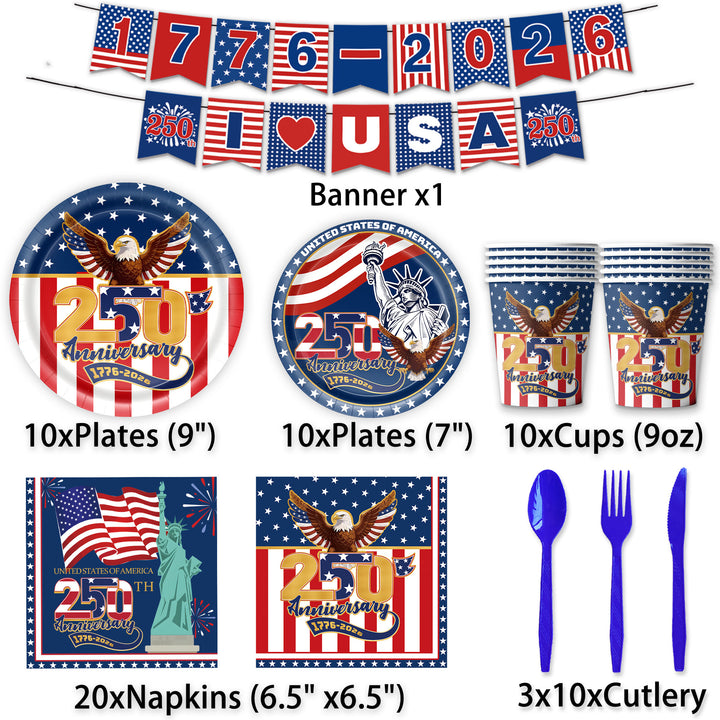 Unisex nan Patriotic Anniversary Disposable Tableware Party Kit with Stars Stripes Plates Cups Napkins Cutlery Banner Bowlift