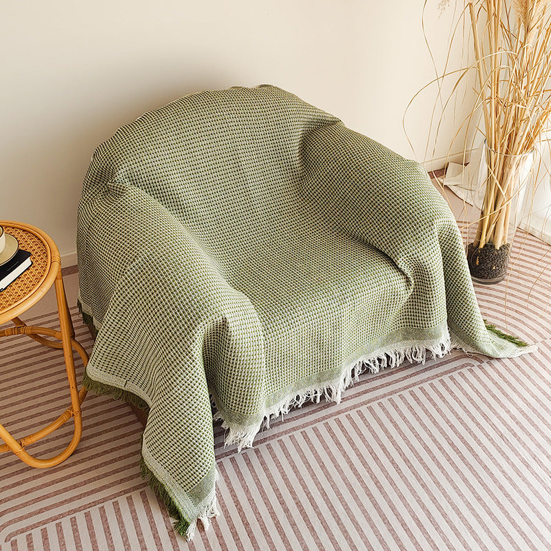 Waffle-Weave Fringed Throw Blanket Bowlift