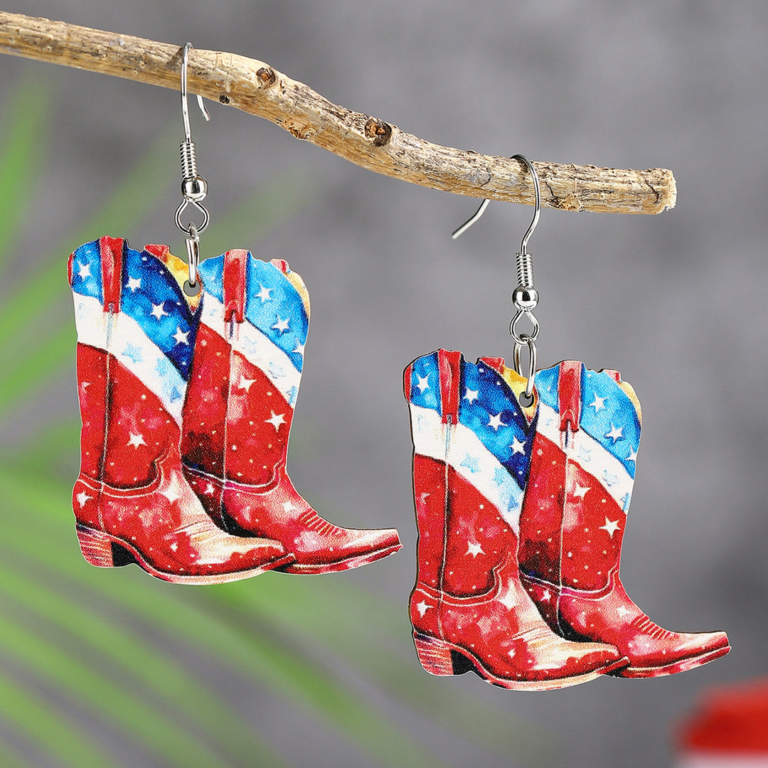 Ladies nan cowboy boots earrings with flag pattern made of lightweight wood Bowlift