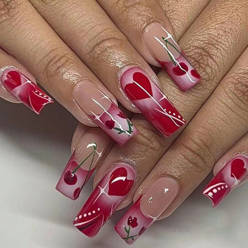 Artificial nails with romantic heart and cherry design Bowlift