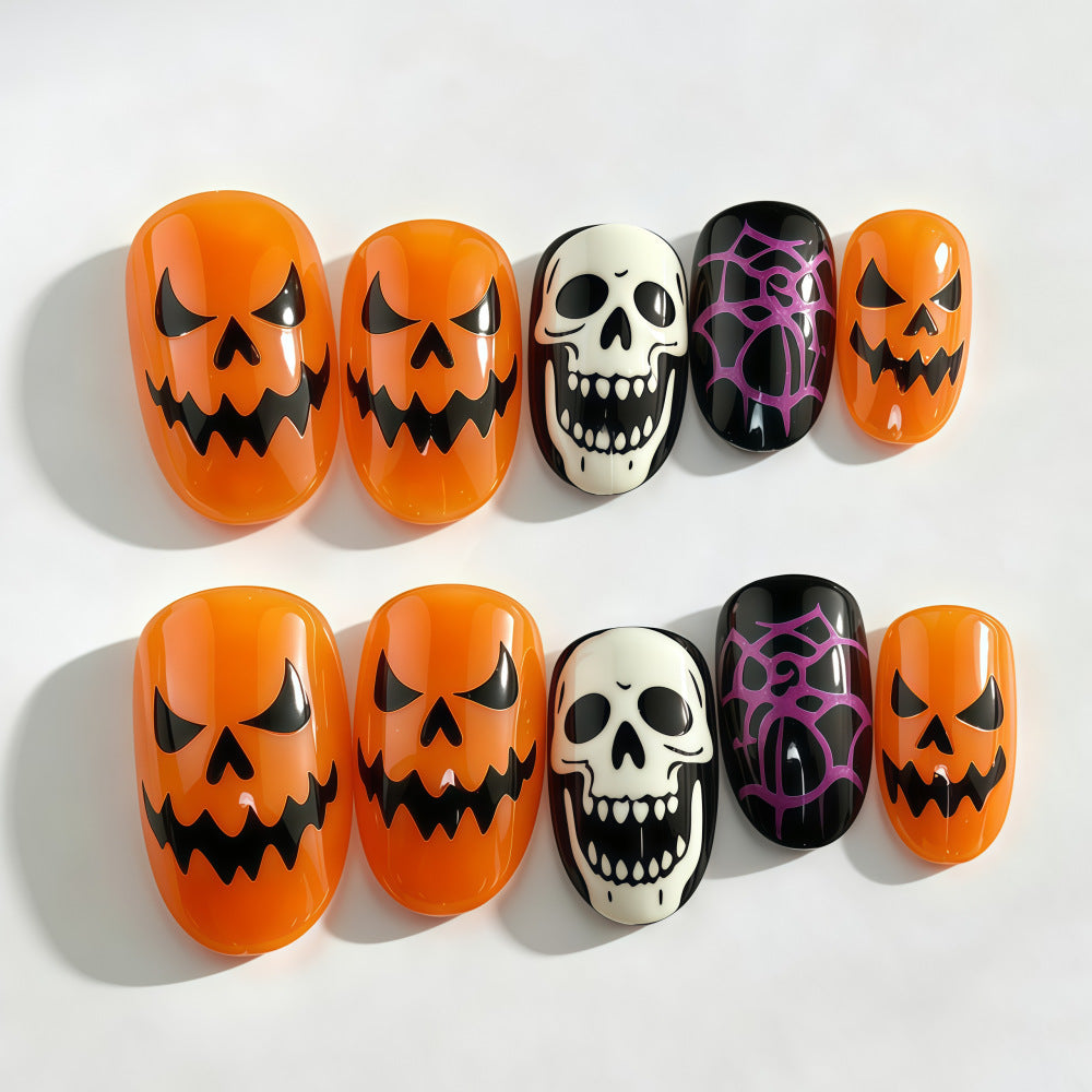 Halloween Artificial Nails in Creative Pumpkin and Skull Design Bowlift