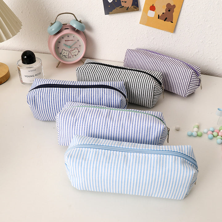 Striped Canvas Pencil Case and Stationery Organizer with Top Zipper Bowlift